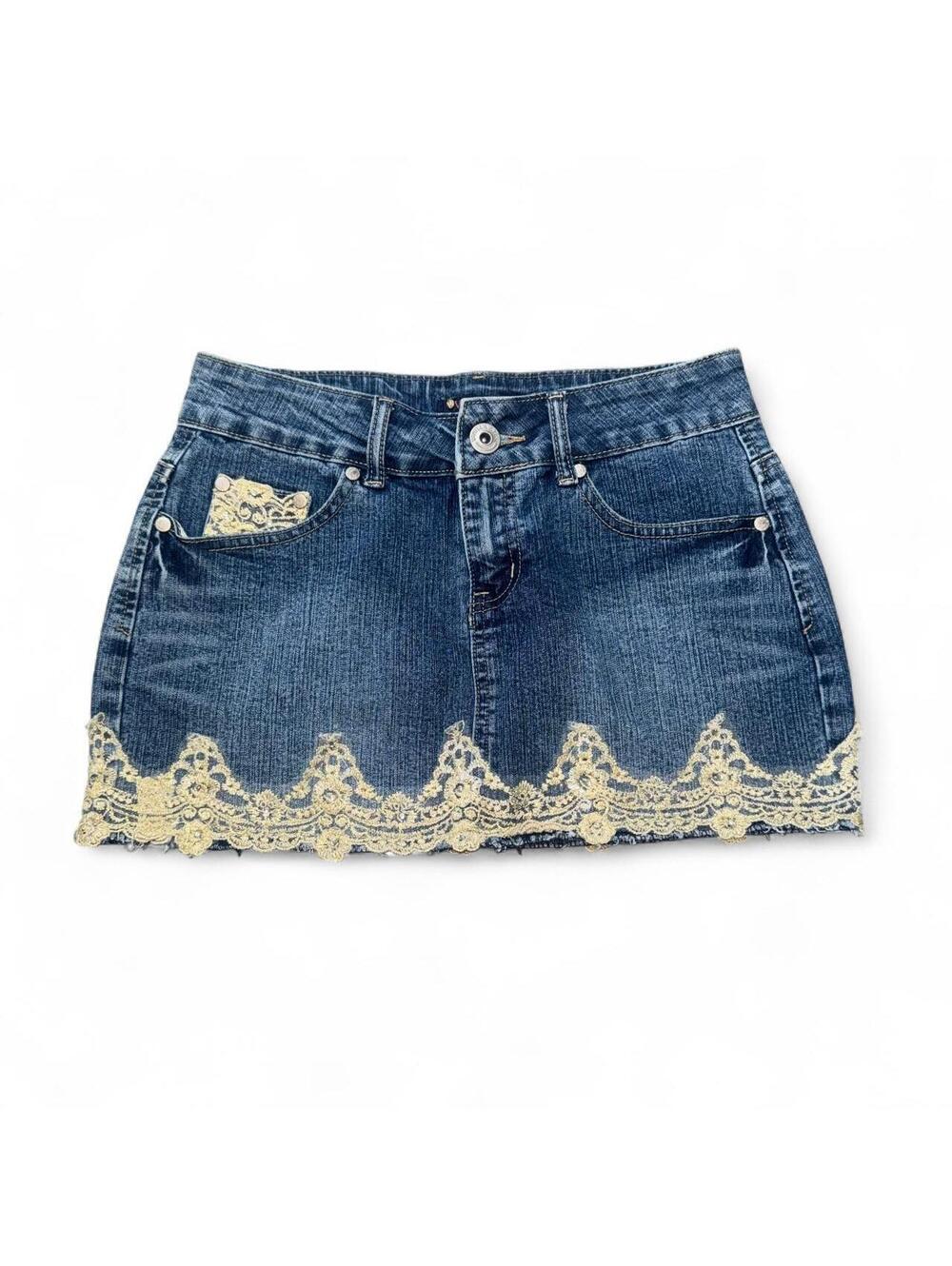 Y2K Vanilla Star denim lace mini skirt